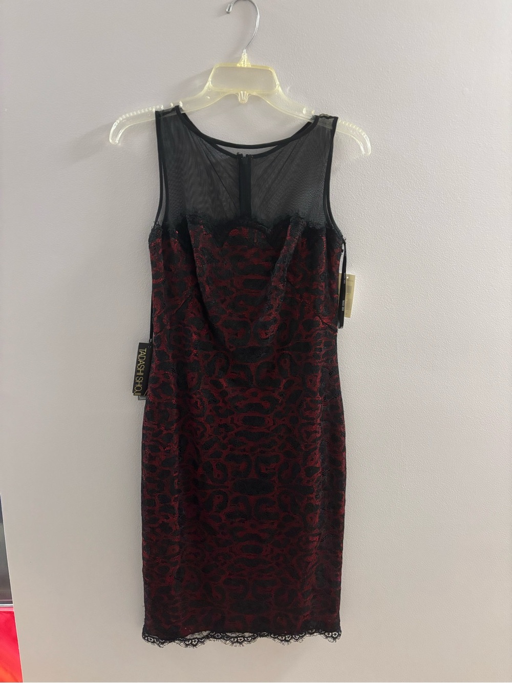 Tadashi Shoji NWT Black & Burgundy Lace Illusion Midi Dress